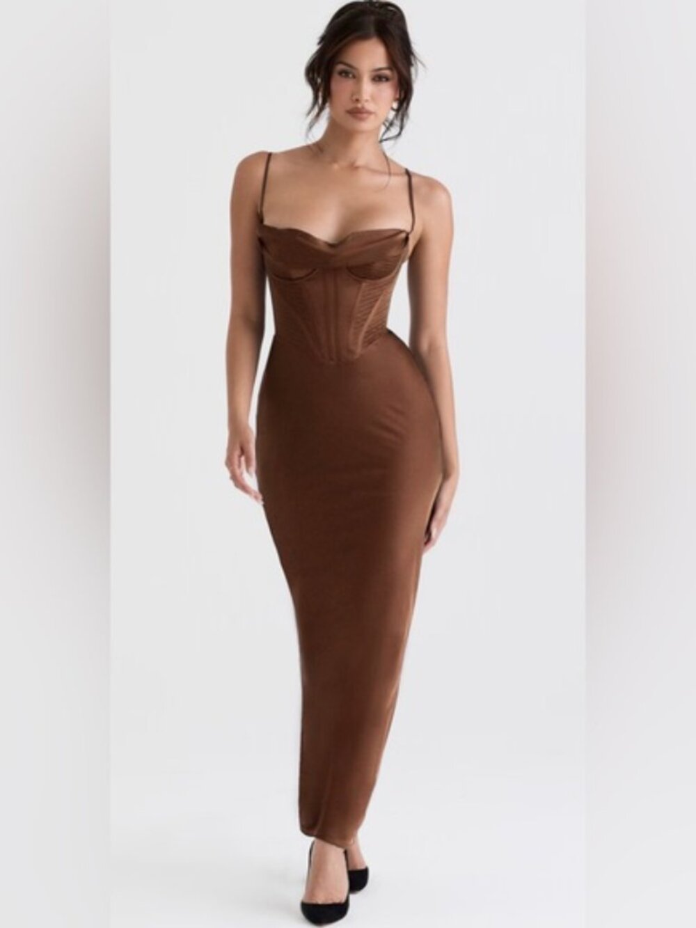 House of CB Brown Satin Corset Maxi Dress XS
